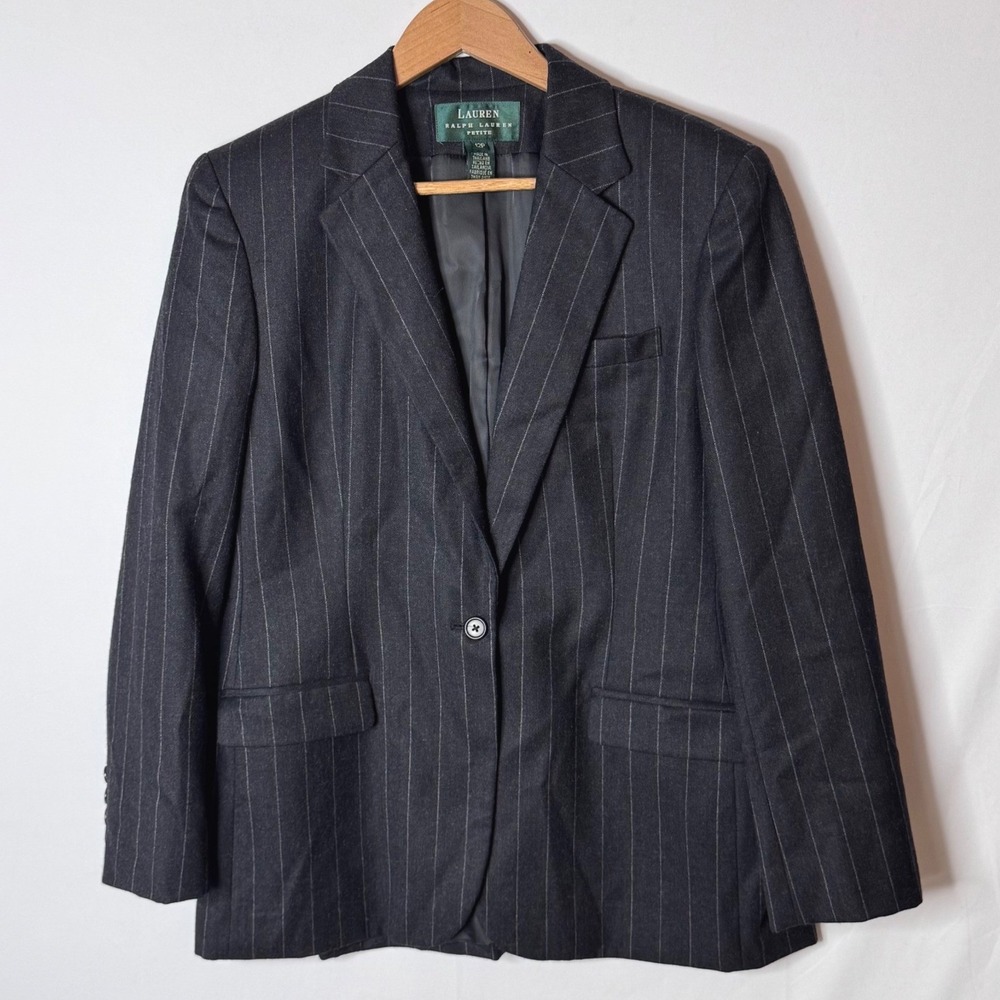 Lauren Ralph Lauren Blazer Womens‎ 12P Pinstripe Wool Grey Dark Academia Vtg 90s